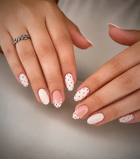 Krémové nehty s červenými puntíky a puntíkovanou francií — práce Kateřiny, Tria Beauty