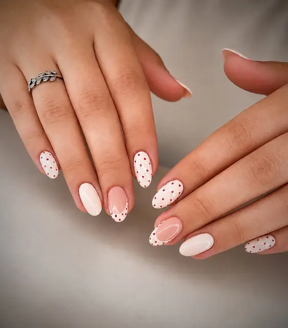 Krémové nehty s červenými puntíky a puntíkovanou francií — práce Kateřiny, Tria Beauty