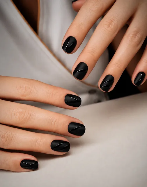 Krátké černé nehty v matném provedení s lesklými pruhy — Tria Beauty Olomouc
