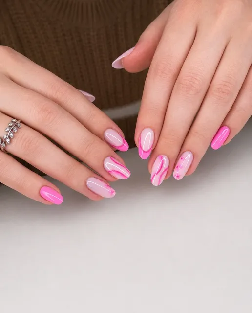 Nude nehty s růžovými vlnkami a neonově růžový celopotah — Tria Beauty Olomouc