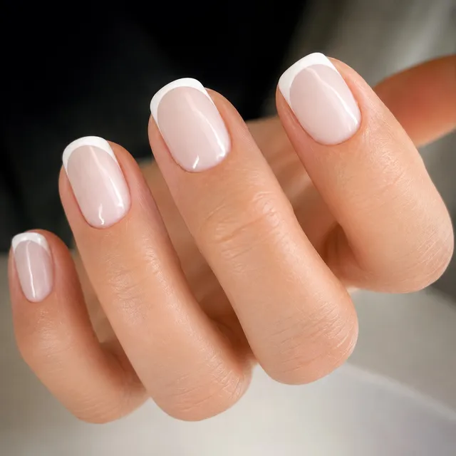 Klasická francouzská manikúra na krátkých nehtech — práce Kateřiny, Tria Beauty Olomouc