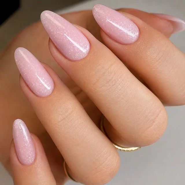Mandlové nehty v jemně růžové s třpytkami — nehtový design Tria Beauty Olomouc